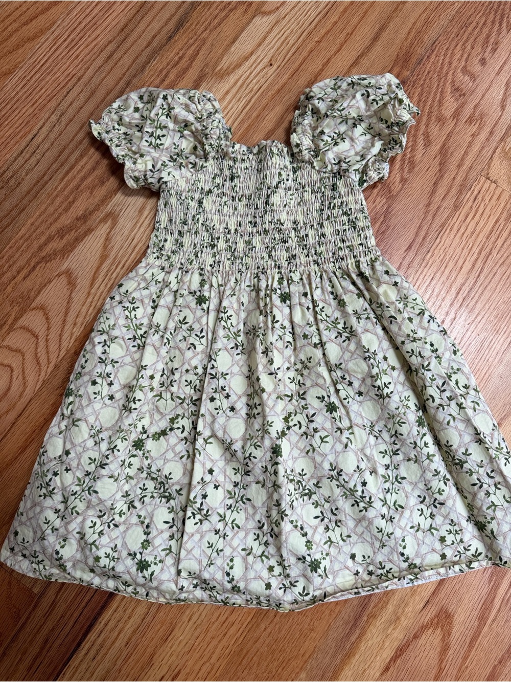 Smocked Puff Sleeve Floral Dress in Cream and Green